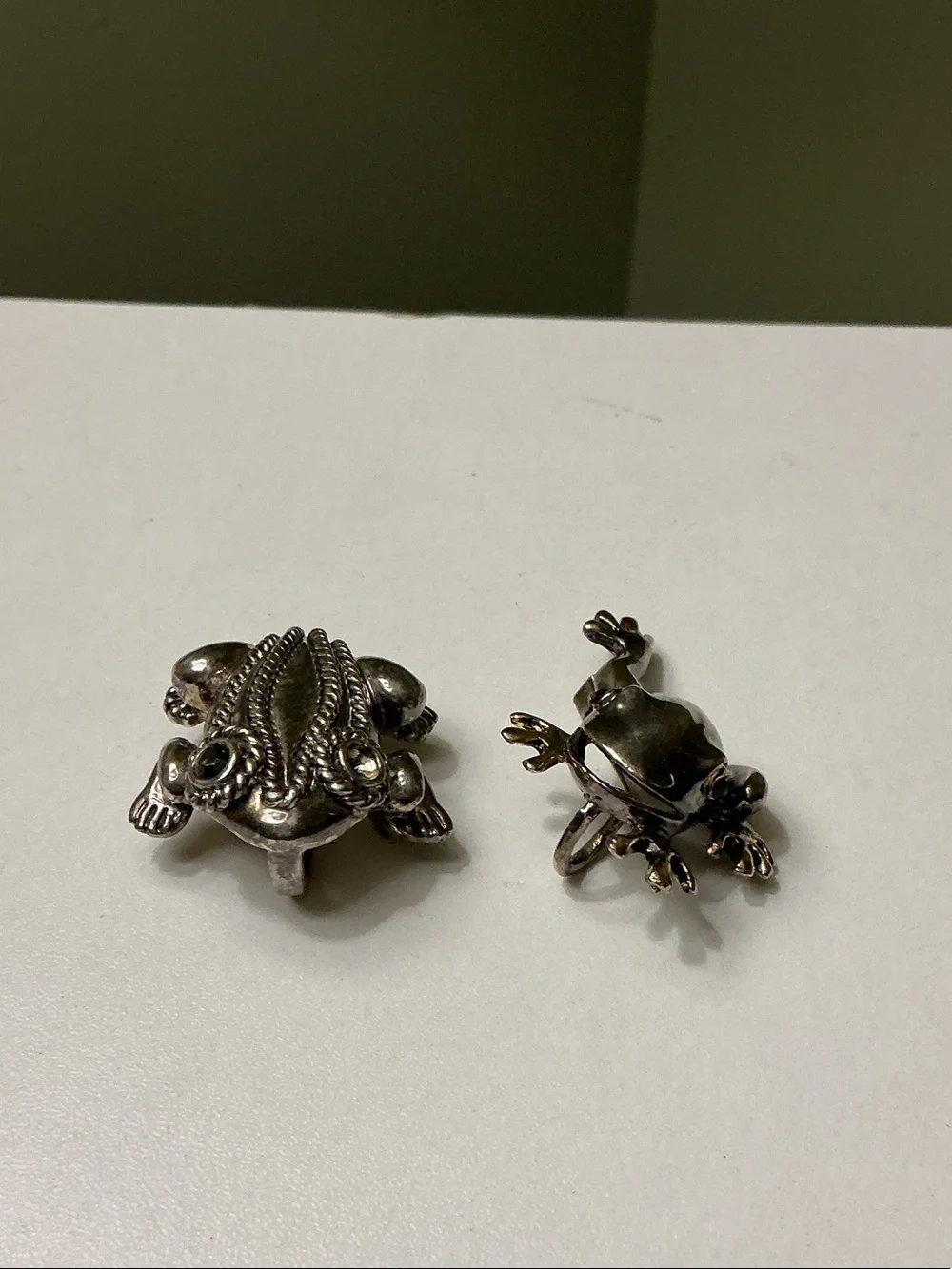 Mexican Silver Hand Crafted Frog Brooch Pendant Set of Two Rhinestones